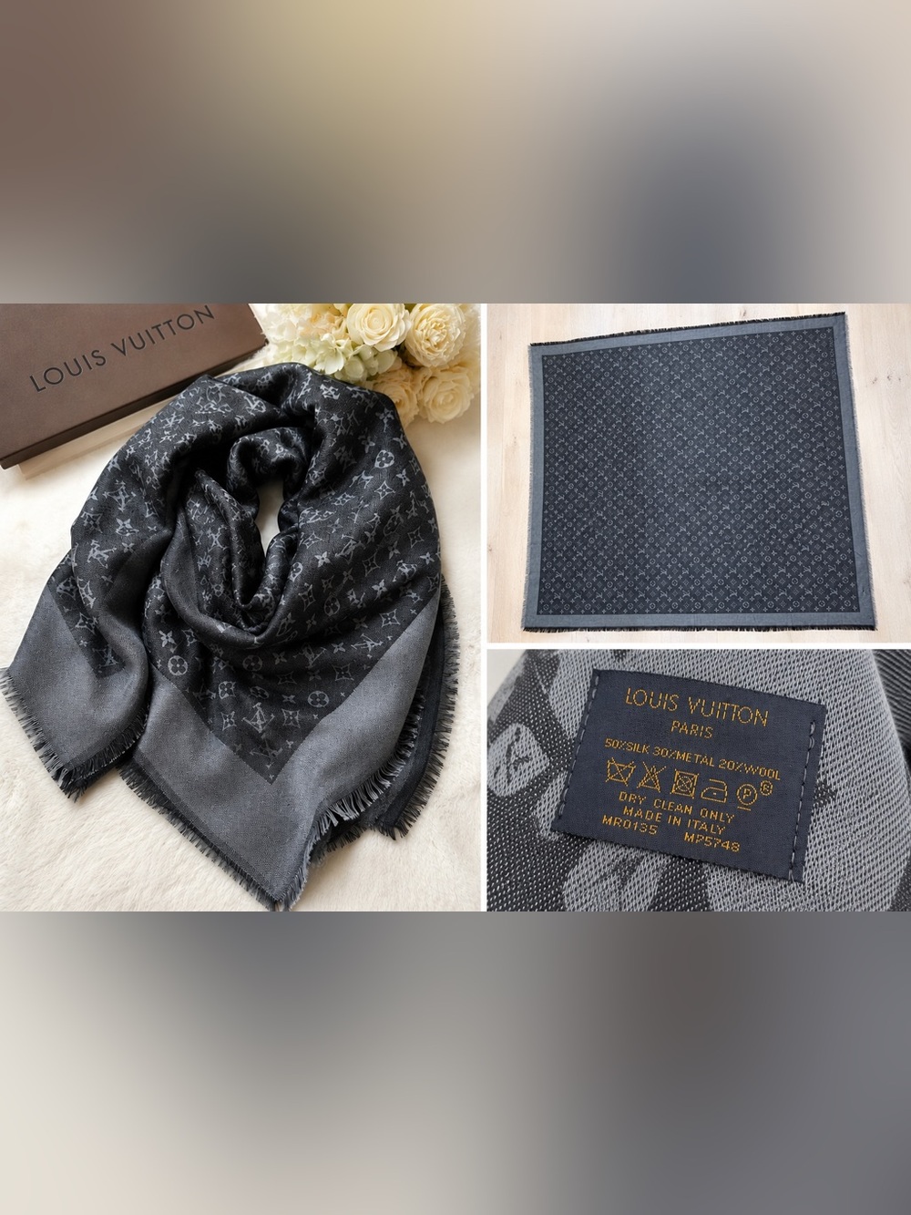 Louis Vuitton Gray Monogram Shawl 56*56 - Picture 2 of 7
